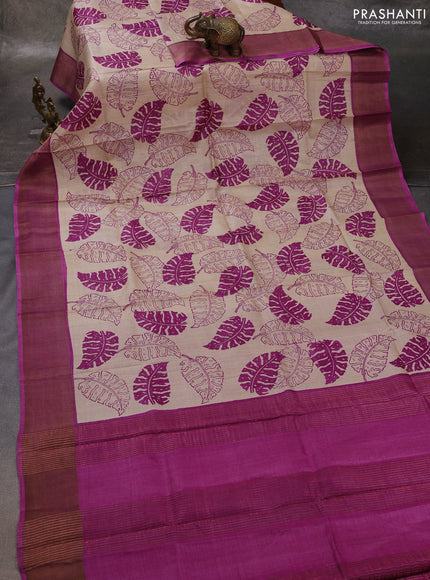 Beige & Pink Pure Tussar Printed Silk Saree