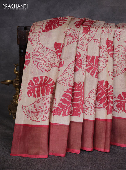 Beige & Maroon Pure Tussar Printed Silk Saree
