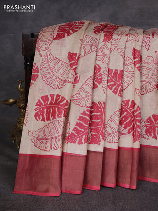 Beige & Maroon Pure Tussar Printed Silk Saree