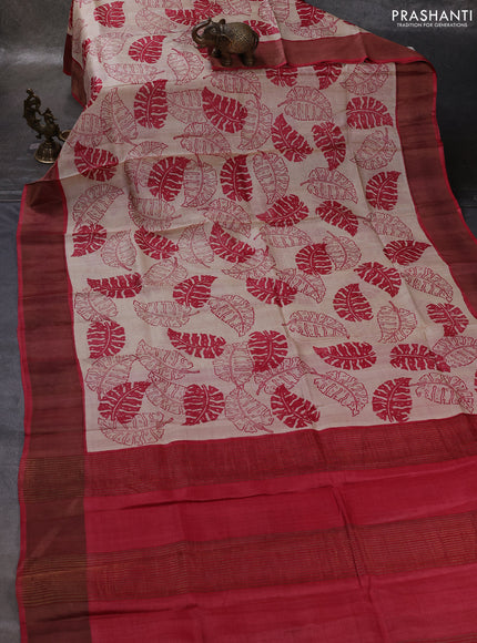 Beige & Maroon Pure Tussar Printed Silk Saree