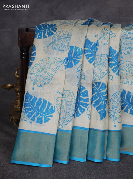 Beige & Cs Blue Pure Tussar Printed Silk Saree