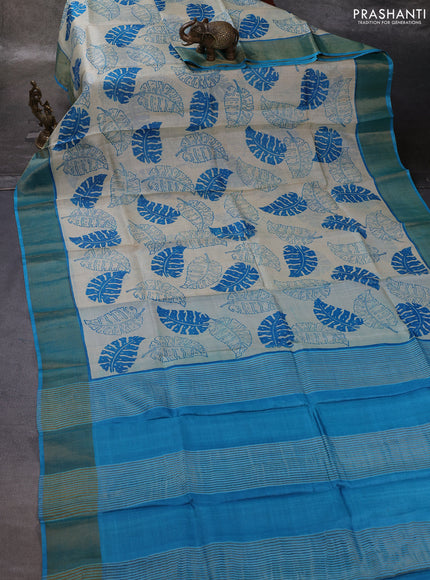 Beige & Cs Blue Pure Tussar Printed Silk Saree
