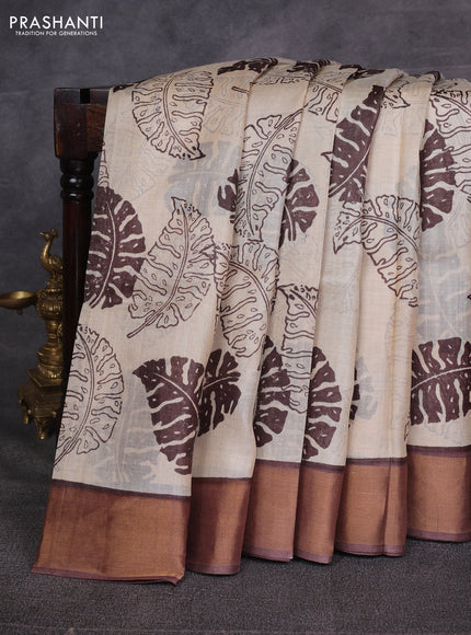Beige & Brown Pure Tussar Printed Silk Saree