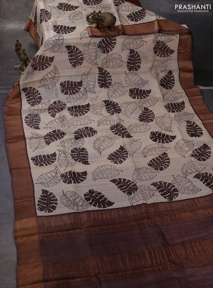 Beige & Brown Pure Tussar Printed Silk Saree