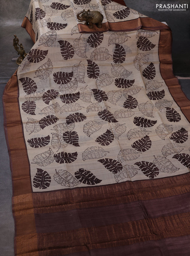 Beige & Brown Pure Tussar Printed Silk Saree