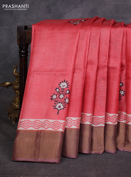 Red & Brown Pure Tussar Printed Silk Saree