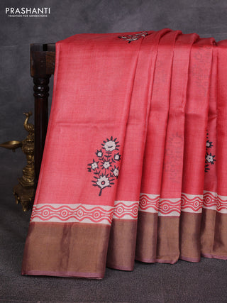 Red & Brown Pure Tussar Printed Silk Saree