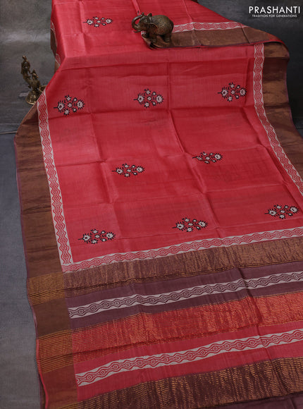 Red & Brown Pure Tussar Printed Silk Saree