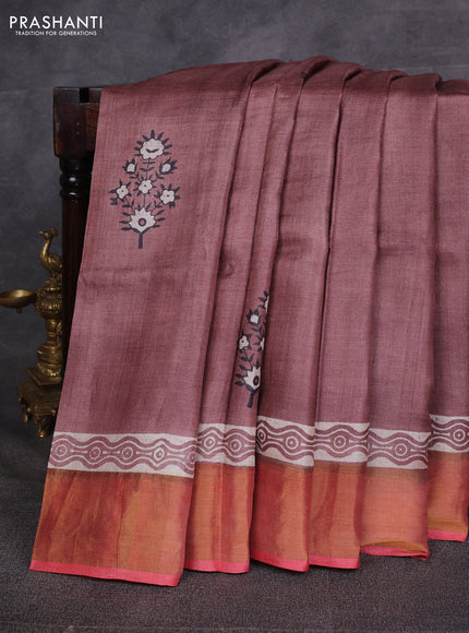 Brown & Red Pure Tussar Printed Silk Saree