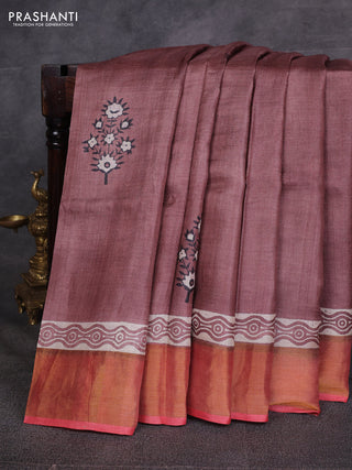 Brown & Red Pure Tussar Printed Silk Saree