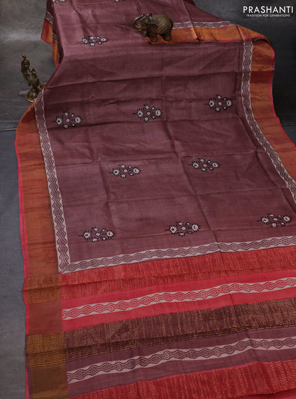 Brown & Red Pure Tussar Printed Silk Saree