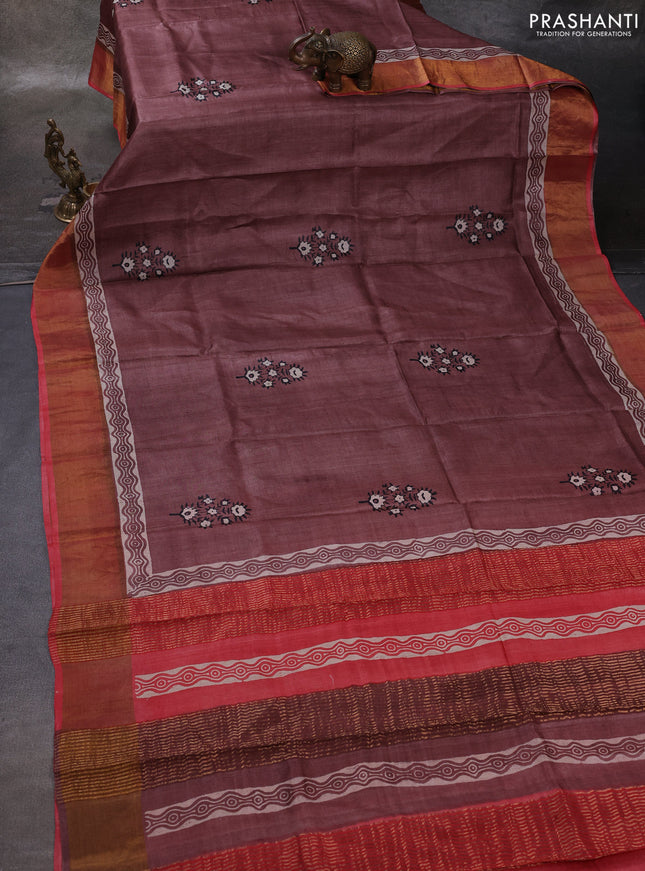 Brown & Red Pure Tussar Printed Silk Saree