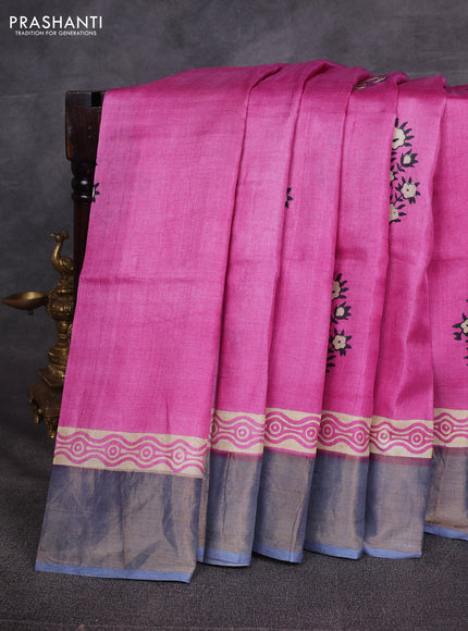 Pink & Grey Pure Tussar Printed Silk Saree