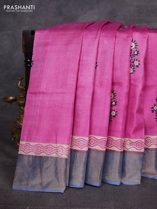 Pink & Grey Pure Tussar Printed Silk Saree