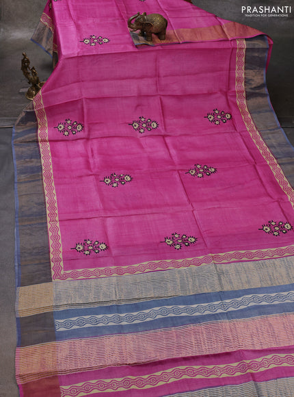 Pink & Grey Pure Tussar Printed Silk Saree