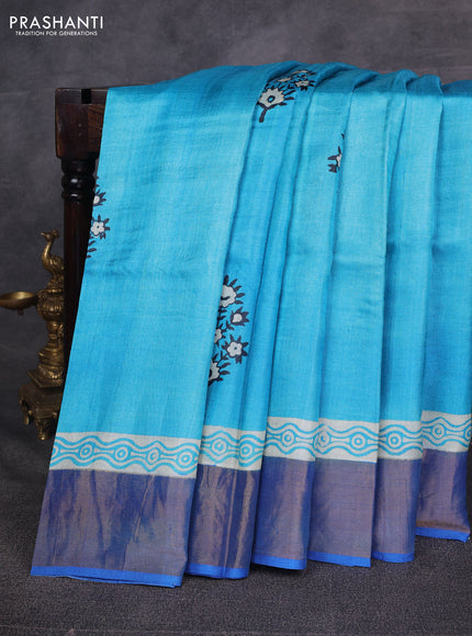 Cs Blue & Blue Pure Tussar Printed Silk Saree