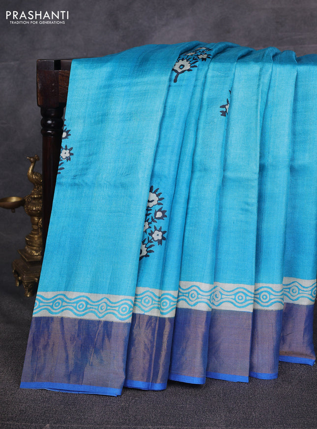 Cs Blue & Blue Pure Tussar Printed Silk Saree