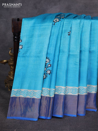 Cs Blue & Blue Pure Tussar Printed Silk Saree