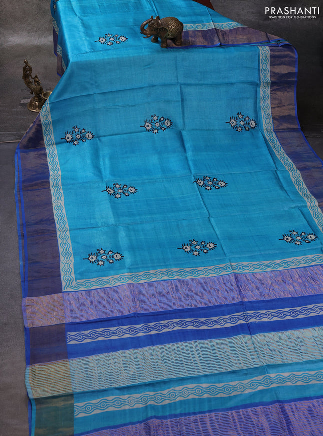 Cs Blue & Blue Pure Tussar Printed Silk Saree