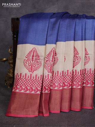 Peacock Blue & Maroon Pure Tussar Printed Silk Saree