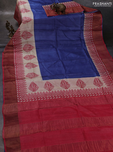 Peacock Blue & Maroon Pure Tussar Printed Silk Saree