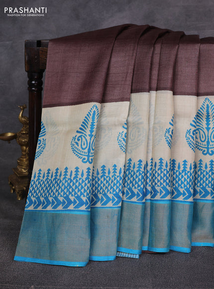 Brown & Blue Pure Tussar Printed Silk Saree