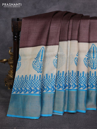 Brown & Blue Pure Tussar Printed Silk Saree