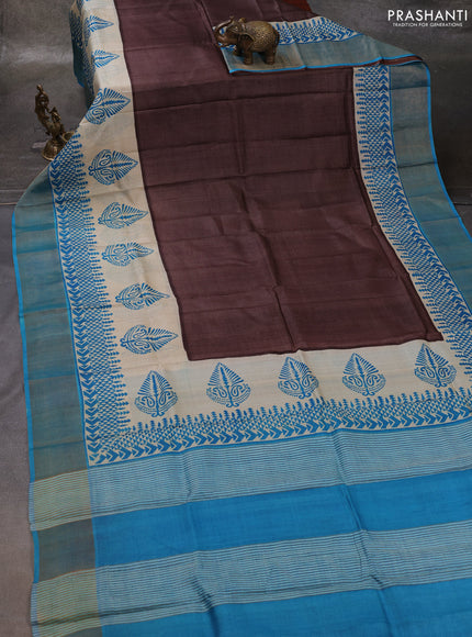 Brown & Blue Pure Tussar Printed Silk Saree