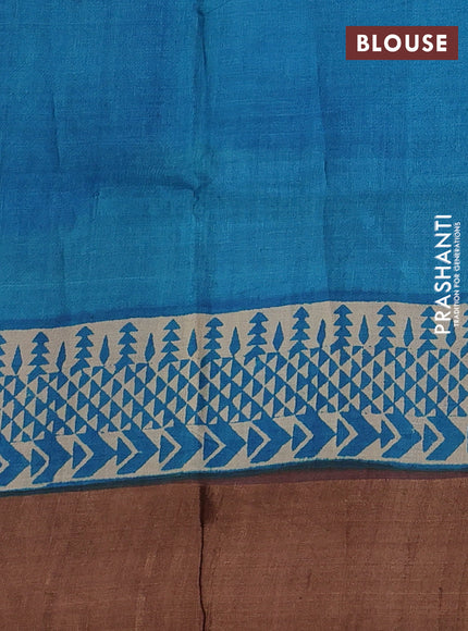 Brown & Blue Pure Tussar Printed Silk Saree