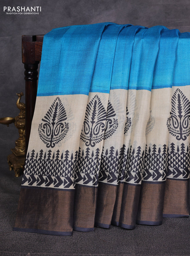 Cs Blue & Grey Pure Tussar Printed Silk Saree