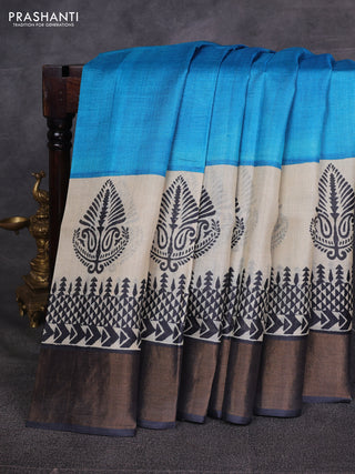Cs Blue & Grey Pure Tussar Printed Silk Saree