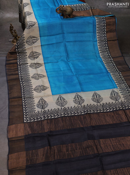 Cs Blue & Grey Pure Tussar Printed Silk Saree