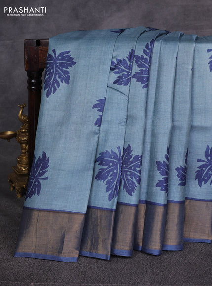 Grey & Blue Pure Tussar Printed Silk Saree