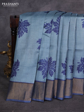 Grey & Blue Pure Tussar Printed Silk Saree