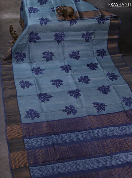 Grey & Blue Pure Tussar Printed Silk Saree
