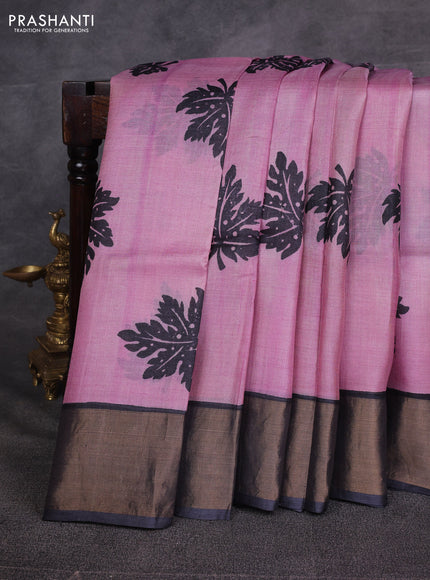 Pink & Grey Pure Tussar Printed Silk Saree