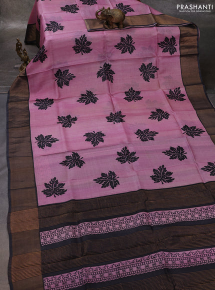 Pink & Grey Pure Tussar Printed Silk Saree