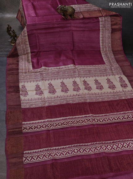 Wine & Beige Pure Tussar Printed Silk Saree