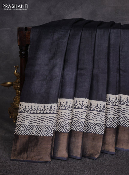 Black & Beige Pure Tussar Printed Silk Saree