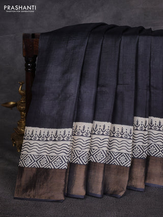 Black & Beige Pure Tussar Printed Silk Saree