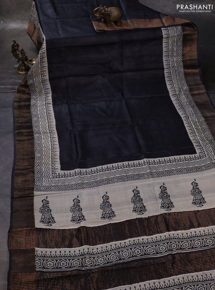 Black & Beige Pure Tussar Printed Silk Saree