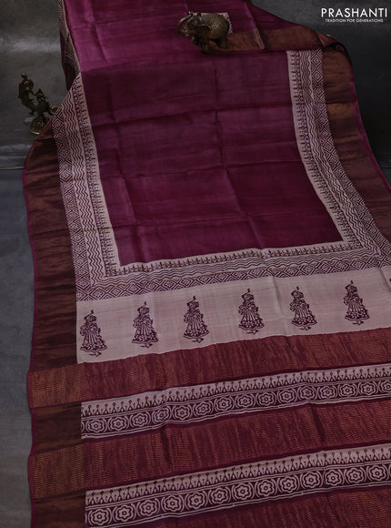 Wine & Beige Pure Tussar Printed Silk Saree