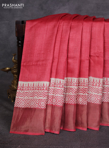 Red & Beige Pure Tussar Printed Silk Saree