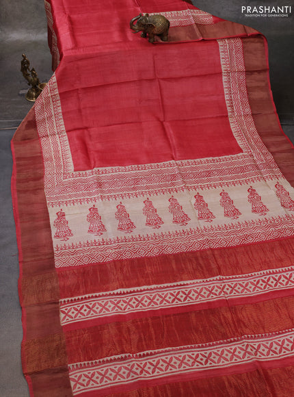 Red & Beige Pure Tussar Printed Silk Saree