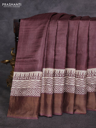 Brown & Beige Pure Tussar Printed Silk Saree