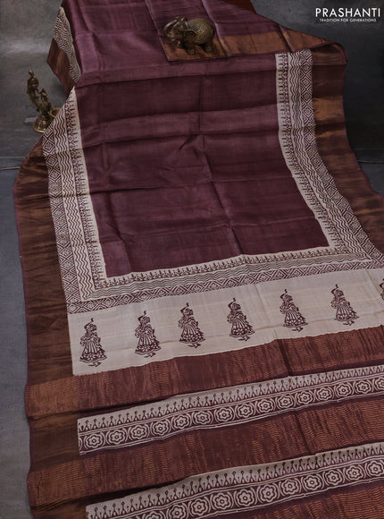 Brown & Beige Pure Tussar Printed Silk Saree