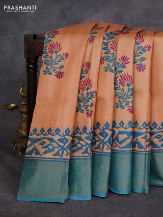 Orange & Peacock Green Pure Tussar Printed Silk Saree