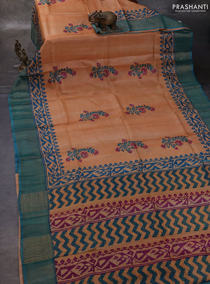Orange & Peacock Green Pure Tussar Printed Silk Saree