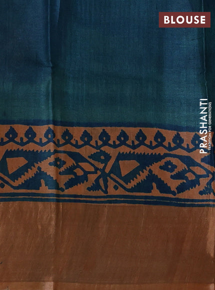 Orange & Peacock Green Pure Tussar Printed Silk Saree