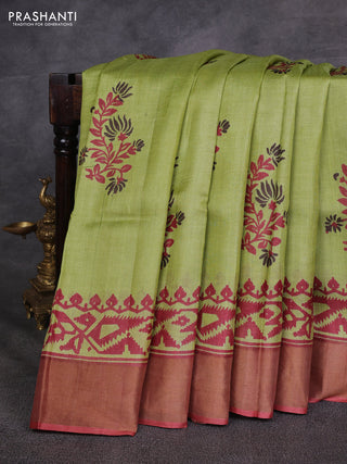 Green & Maroon Pure Tussar Printed Silk Saree